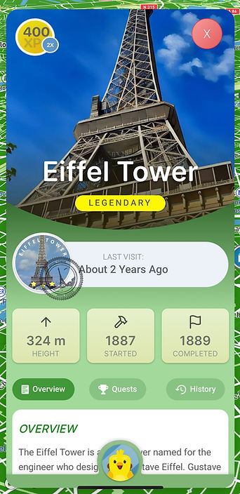 DuckAbroad app showing Eiffel Tower destination card with stickers and badges